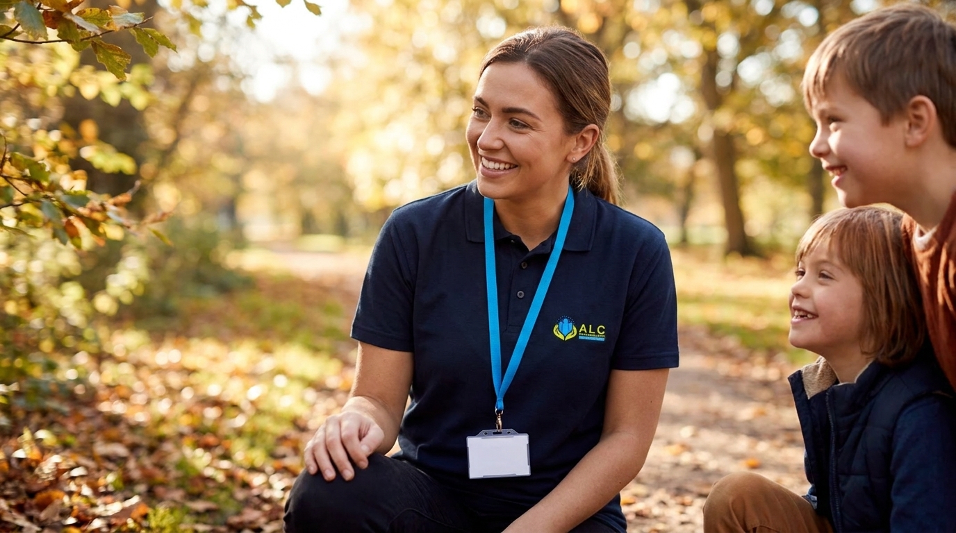 ALC support worker in navy polo with blue lanyard alongside a young person with a learning disability outdoors in a UK park