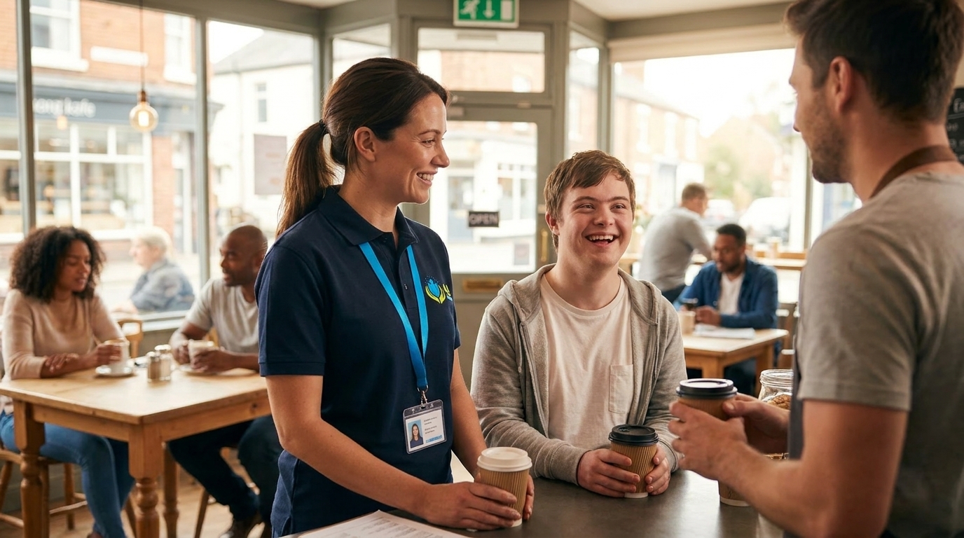 ALC support worker in navy polo with lanyard chatting with a young man with a learning disability at a community cafe